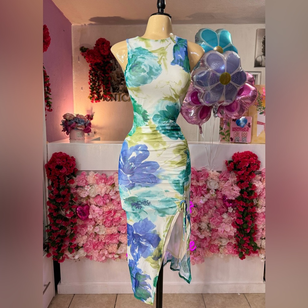 Floral Sleeveless Dress - Blue and Green
